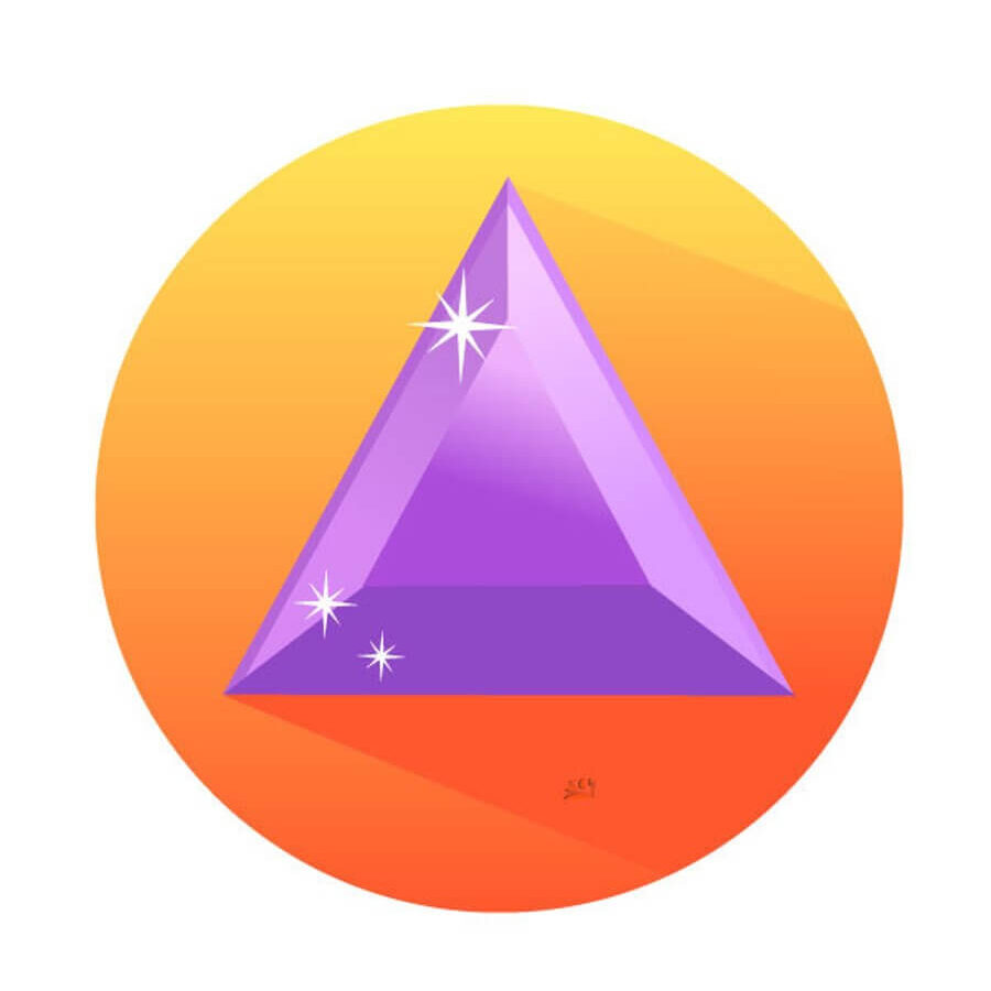 A purple amethyst on a gradient yellow orange triangle background.