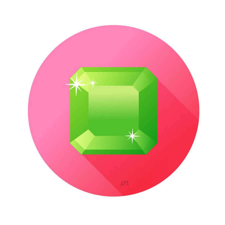 A green emerald on a pink circle background.