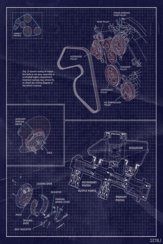 Digital diagram of engine parts on blue drafting paper background.