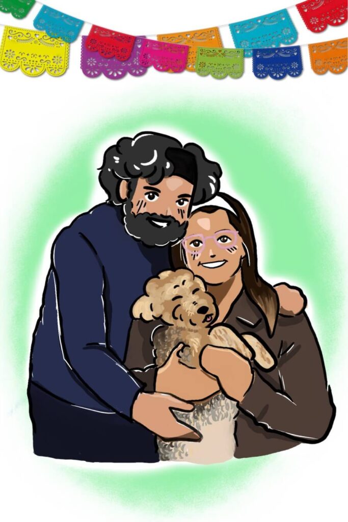 Colorful family portrait of a couple and a small dog.