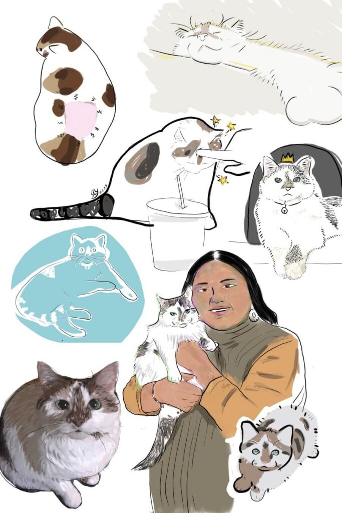 Digital portrait of a woman, and cat.