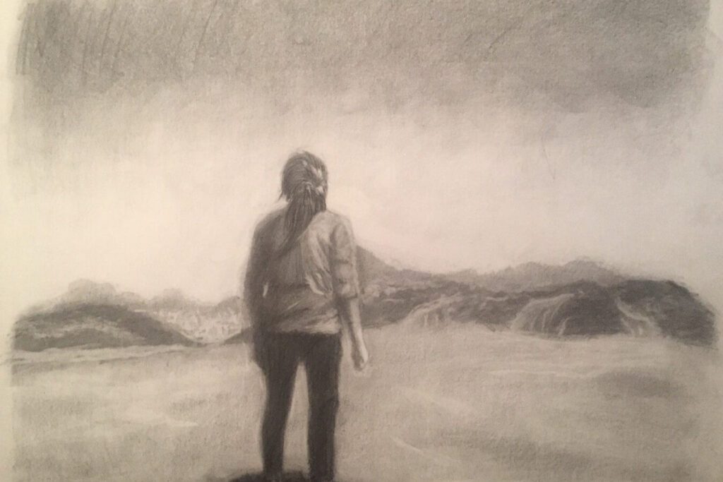 Charcoal drawing of a person facing mountains.