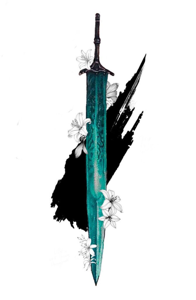 A blue longsword surrounded by lilies on a black brush background.