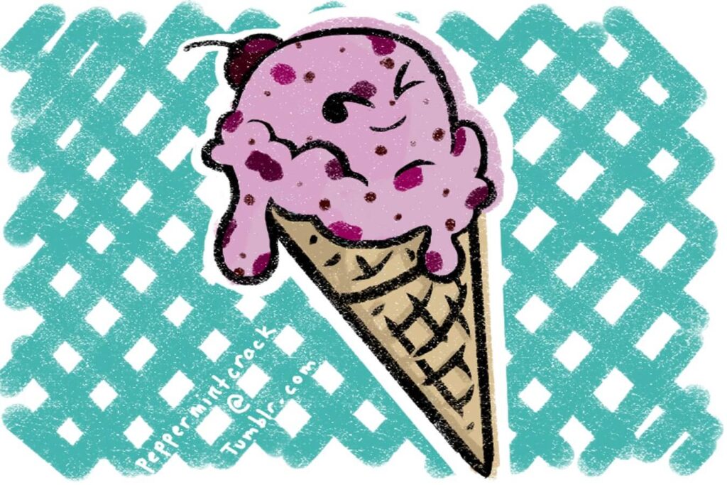 A colorful strawberry ice cream cone winking.