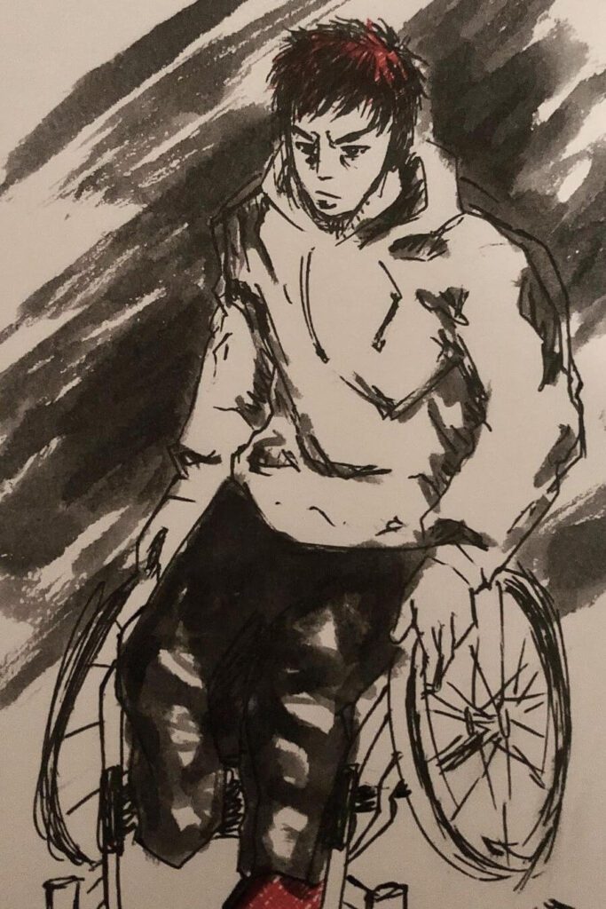 Portrait of a man in a wheelchair using gel pen, and brush pen.