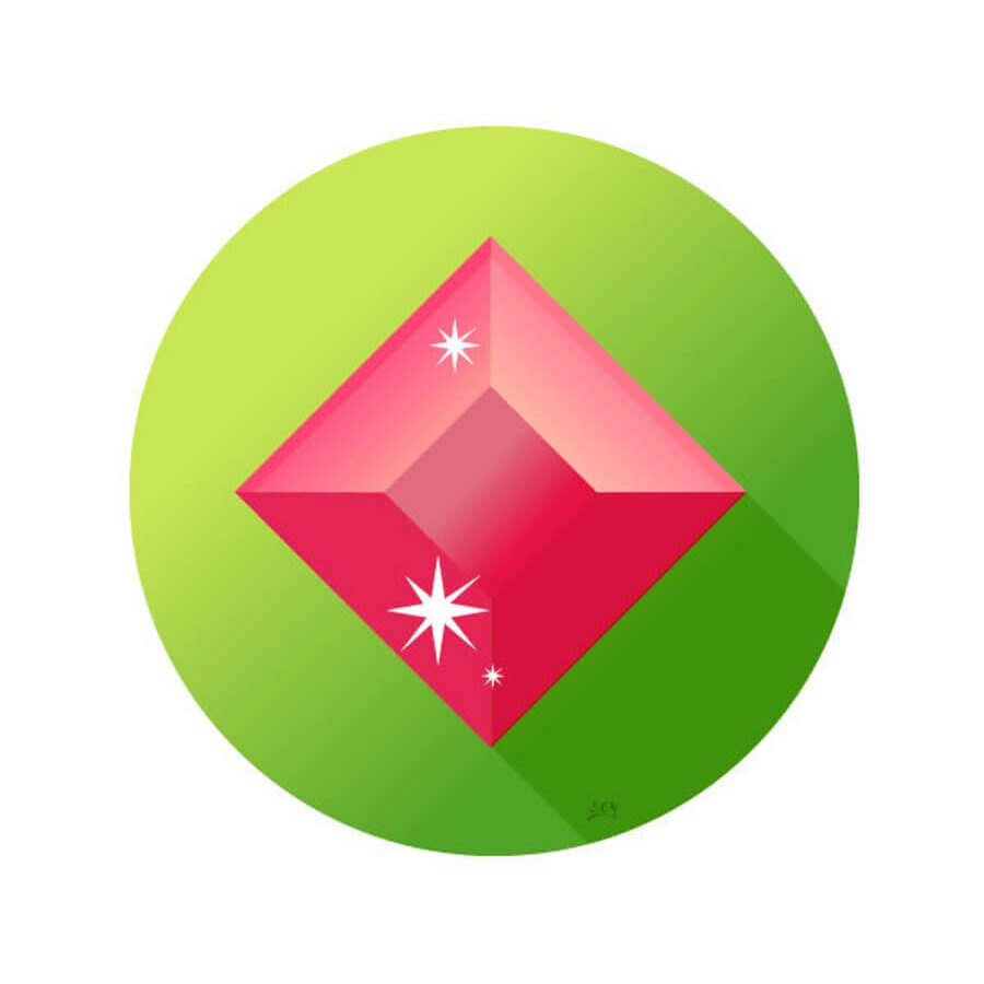 A red ruby on a green circle background.