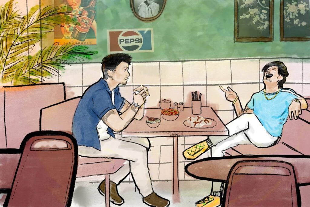 Digital illustration of two men sitting and talking at a restaurant.