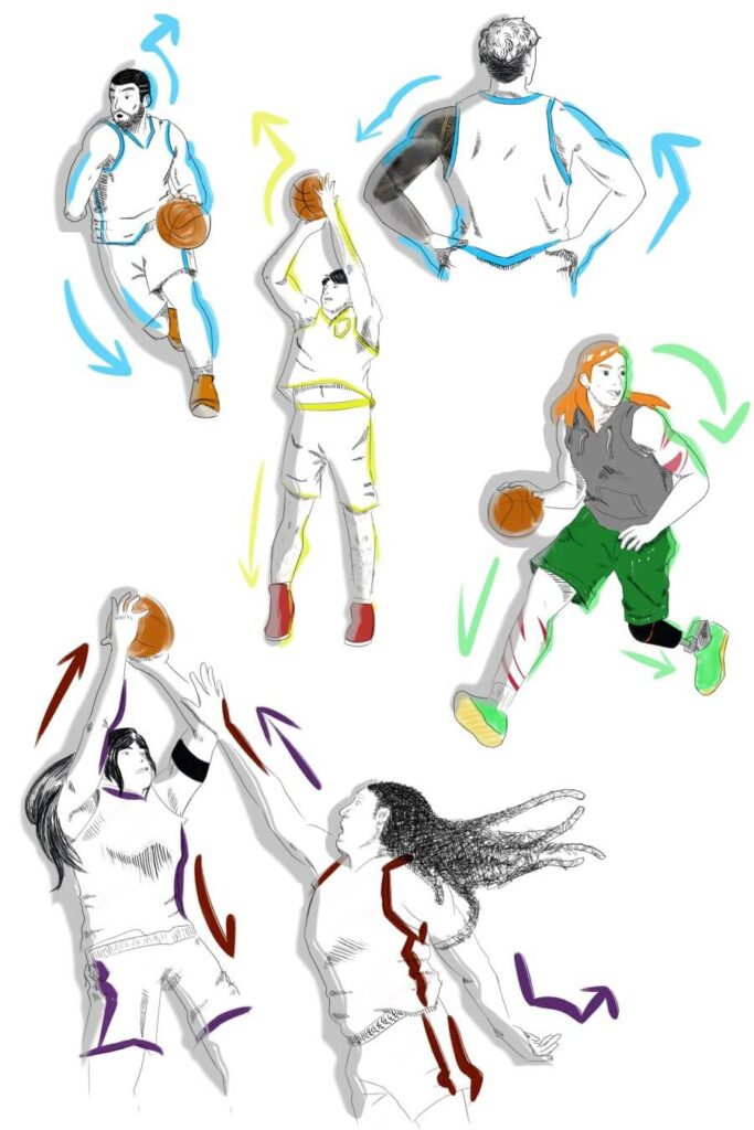 Drawing of 6 people playing basketball